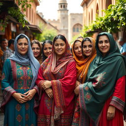 A stunning portrait of a group of Iranian women in vibrant traditional clothing, showcasing intricate embroidery and colorful patterns