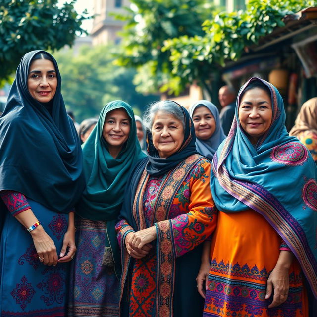 A stunning portrait of a group of Iranian women in vibrant traditional clothing, showcasing intricate embroidery and colorful patterns