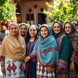 A stunning portrait of a group of Iranian women in vibrant traditional clothing, showcasing intricate embroidery and colorful patterns