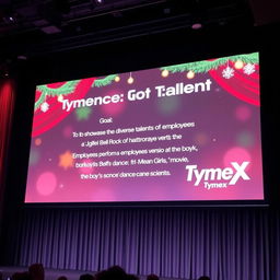 A festive display on a large venue screen for the 'TymeX Got Talent' event