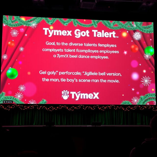A festive display on a large venue screen for the 'TymeX Got Talent' event