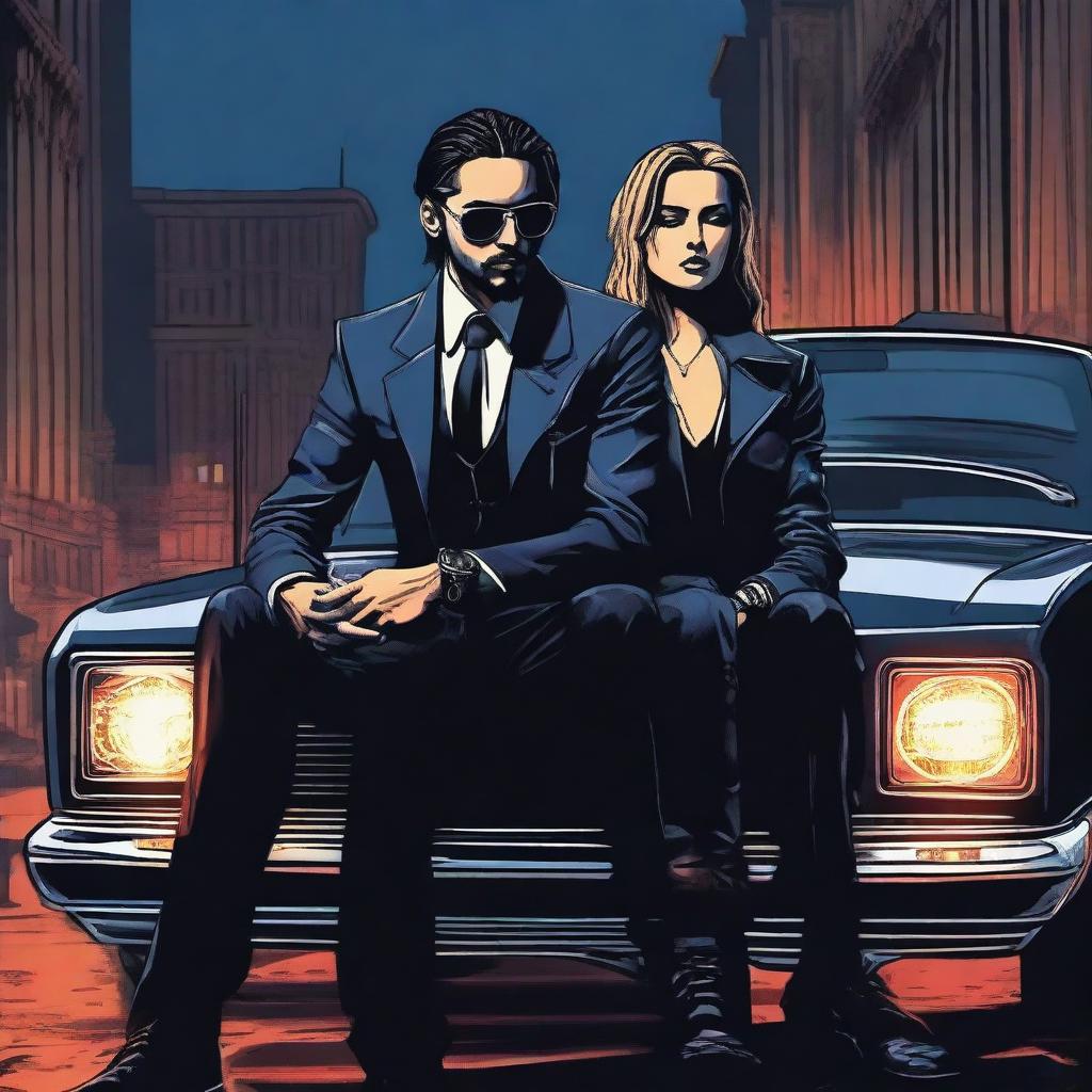 A high-quality digital art image depicting Tom Kaulitz in a mafia style attire, sitting on a car with a dark blue shade night city as the background