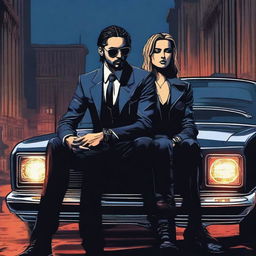 A high-quality digital art image depicting Tom Kaulitz in a mafia style attire, sitting on a car with a dark blue shade night city as the background