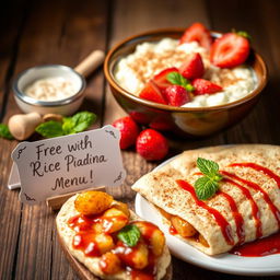 An inviting and vibrant Instagram post showcasing a delicious bowl of rice pudding adorned with a sprinkle of cinnamon, set against a rustic wooden table background