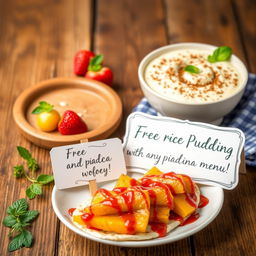 An inviting and vibrant Instagram post showcasing a delicious bowl of rice pudding adorned with a sprinkle of cinnamon, set against a rustic wooden table background