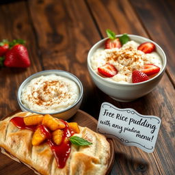 An inviting and vibrant Instagram post showcasing a delicious bowl of rice pudding adorned with a sprinkle of cinnamon, set against a rustic wooden table background