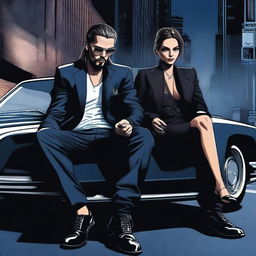 A high-quality digital art image depicting Tom Kaulitz in a mafia style attire, sitting on a car with a dark blue shade night city as the background