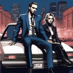 A high-quality digital art image depicting Tom Kaulitz in a mafia style attire, sitting on a car with a dark blue shade night city as the background