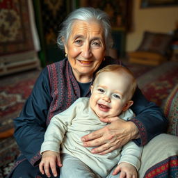 An Iranian elderly woman with traditional clothing sitting comfortably, holding her white-skinned grandchild who has a golden tooth
