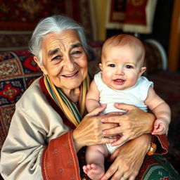 An Iranian elderly woman with traditional clothing sitting comfortably, holding her white-skinned grandchild who has a golden tooth