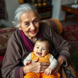 An Iranian elderly woman with traditional clothing sitting comfortably, holding her white-skinned grandchild who has a golden tooth