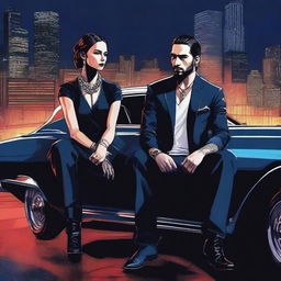 A high-quality digital art image depicting Tom Kaulitz in a mafia style attire, sitting on a car with a dark blue shade night city as the background