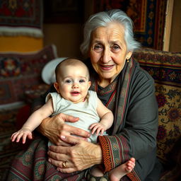 An Iranian elderly woman with traditional clothing sitting comfortably, holding her white-skinned grandchild who has a golden tooth