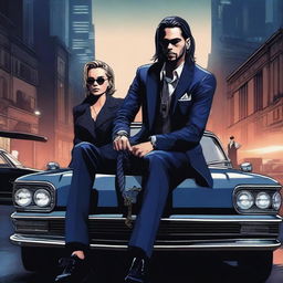 A high-quality digital art image featuring Tom Kaulitz, dressed in mafia attire, sitting on a car with a dark blue shaded night city as the backdrop