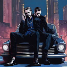 A high-quality digital art image featuring Tom Kaulitz, dressed in mafia attire, sitting on a car with a dark blue shaded night city as the backdrop