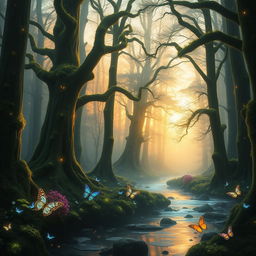 a mystical forest at dawn, with majestic towering trees covered in luminous moss and bioluminescent flowers, soft golden light filtering through the branches, a gentle mist hovering above the ground, a serene river reflecting the vibrant colors of dawn, and delicate butterflies fluttering around, creating an enchanting and magical atmosphere