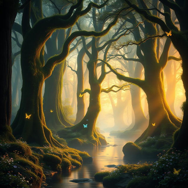 a mystical forest at dawn, with majestic towering trees covered in luminous moss and bioluminescent flowers, soft golden light filtering through the branches, a gentle mist hovering above the ground, a serene river reflecting the vibrant colors of dawn, and delicate butterflies fluttering around, creating an enchanting and magical atmosphere