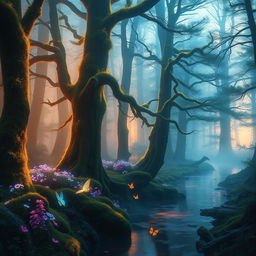 a mystical forest at dawn, with majestic towering trees covered in luminous moss and bioluminescent flowers, soft golden light filtering through the branches, a gentle mist hovering above the ground, a serene river reflecting the vibrant colors of dawn, and delicate butterflies fluttering around, creating an enchanting and magical atmosphere