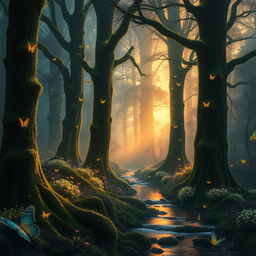 a mystical forest at dawn, with majestic towering trees covered in luminous moss and bioluminescent flowers, soft golden light filtering through the branches, a gentle mist hovering above the ground, a serene river reflecting the vibrant colors of dawn, and delicate butterflies fluttering around, creating an enchanting and magical atmosphere