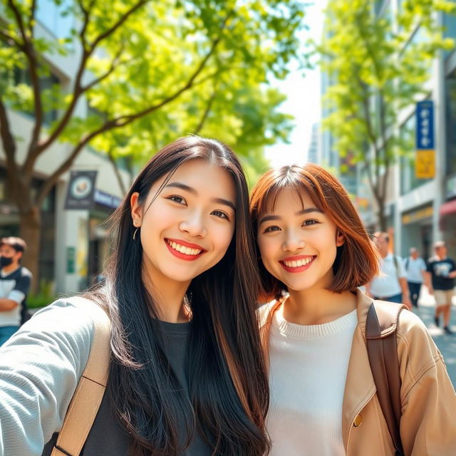 A bright and cheerful selfie photo featuring a beautiful Korean girl with long black hair and soft features, smiling broadly alongside her friend, who has short brown hair and a warm expression