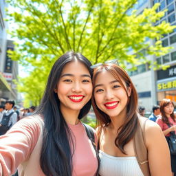 A bright and cheerful selfie photo featuring a beautiful Korean girl with long black hair and soft features, smiling broadly alongside her friend, who has short brown hair and a warm expression