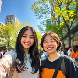 A bright and cheerful selfie photo featuring a beautiful Korean girl with long black hair and soft features, smiling broadly alongside her friend, who has short brown hair and a warm expression