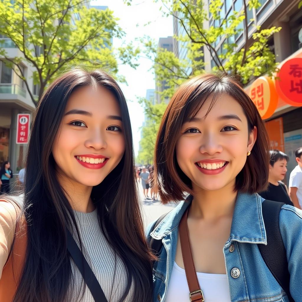 A bright and cheerful selfie photo featuring a beautiful Korean girl with long black hair and soft features, smiling broadly alongside her friend, who has short brown hair and a warm expression