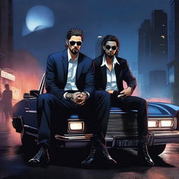 A high-quality digital art image featuring Tom Kaulitz, dressed in mafia attire, sitting on a car with a dark blue shaded night city as the backdrop