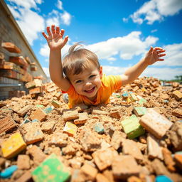 A young child falling playfully into a pile of colorful masonry debris, surrounded by construction materials like bricks and stones, with a mixture of dirt and playful energy in the scene