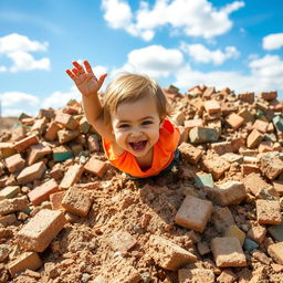 A young child falling playfully into a pile of colorful masonry debris, surrounded by construction materials like bricks and stones, with a mixture of dirt and playful energy in the scene