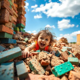 A young child falling playfully into a pile of colorful masonry debris, surrounded by construction materials like bricks and stones, with a mixture of dirt and playful energy in the scene