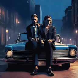 A high-quality digital art image featuring Tom Kaulitz, dressed in mafia attire, sitting on a car with a dark blue shaded night city as the backdrop