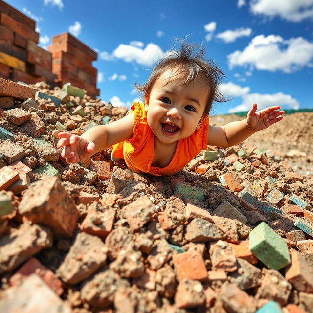 A young child falling playfully into a pile of colorful masonry debris, surrounded by construction materials like bricks and stones, with a mixture of dirt and playful energy in the scene