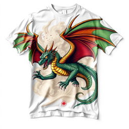 A majestic dragon design printed on a t-shirt, featuring intricate scales, glowing eyes, and a powerful pose