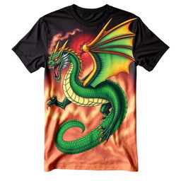 A majestic dragon design printed on a t-shirt, featuring intricate scales, glowing eyes, and a powerful pose
