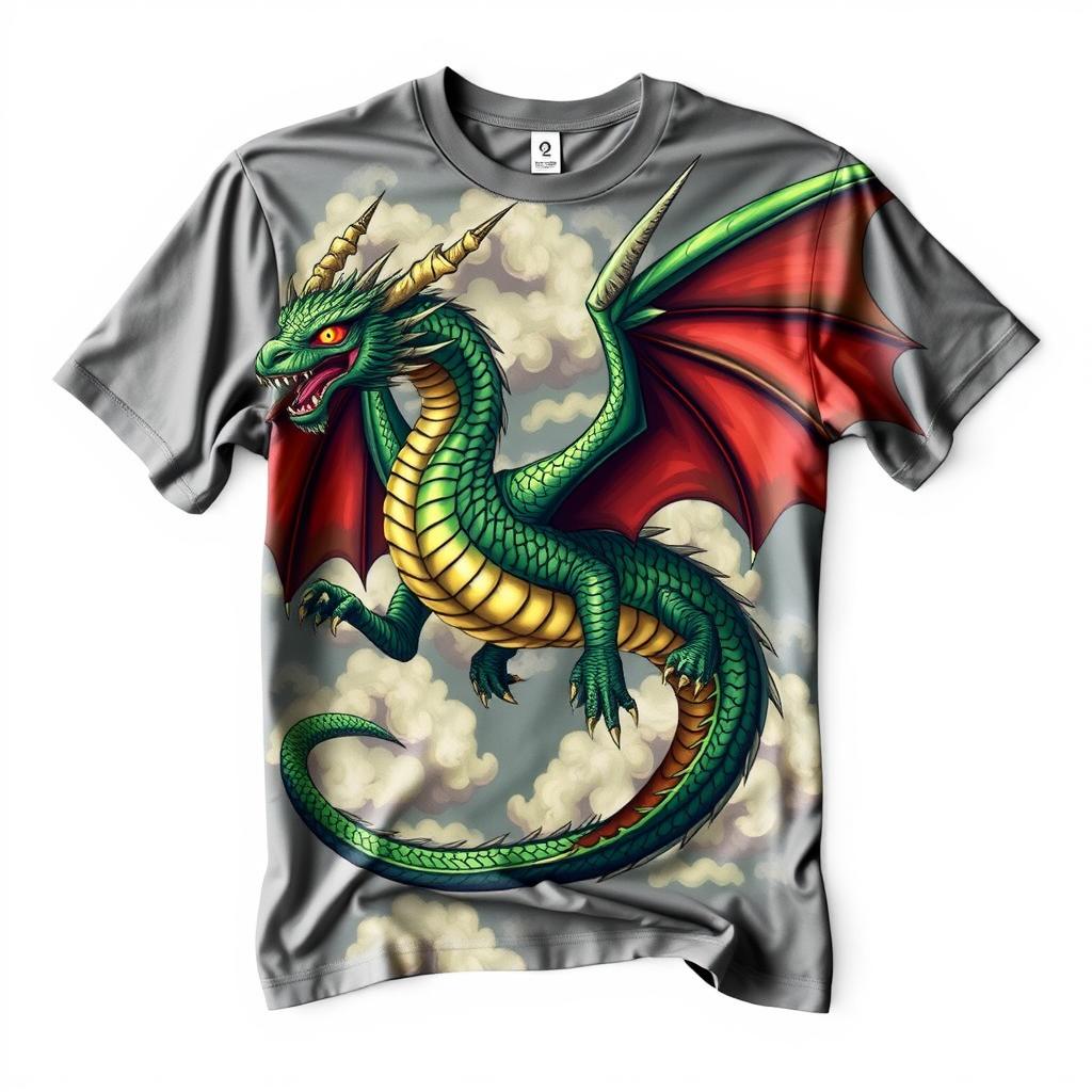 A majestic dragon design printed on a t-shirt, featuring intricate scales, glowing eyes, and a powerful pose