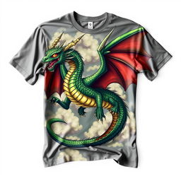 A majestic dragon design printed on a t-shirt, featuring intricate scales, glowing eyes, and a powerful pose