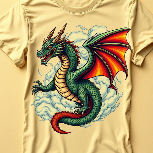 A majestic dragon design printed on a t-shirt, featuring intricate scales, glowing eyes, and a powerful pose