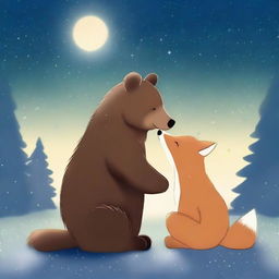 A high-quality digital art piece depicting a tender moment between a bear and a fox, sharing a gentle kiss under a starlit sky