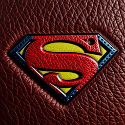 A realistic Superman logo designed with a leather texture, showcasing high details to imitate the look of real leather