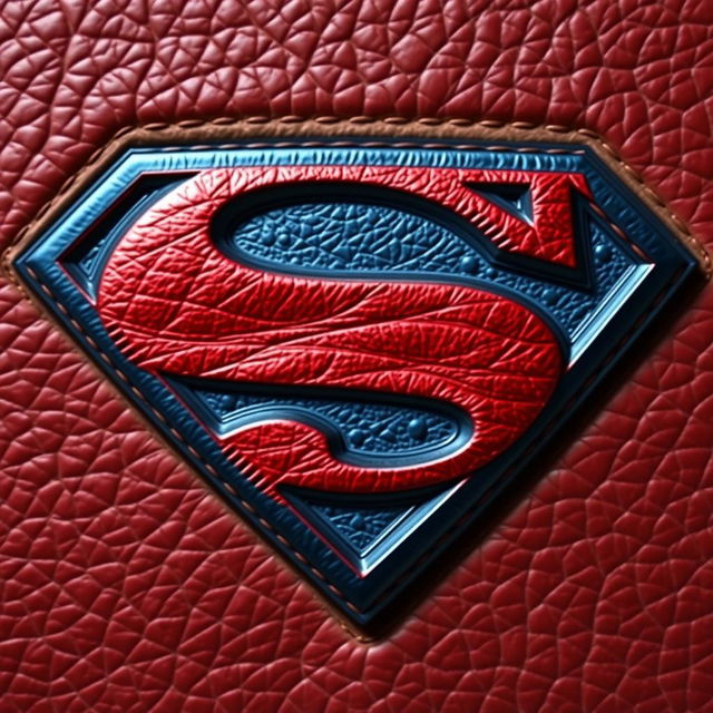 A realistic Superman logo designed with a leather texture, showcasing high details to imitate the look of real leather