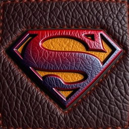 A realistic Superman logo designed with a leather texture, showcasing high details to imitate the look of real leather