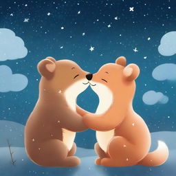 A high-quality digital art piece depicting a tender moment between a bear and a fox, sharing a gentle kiss under a starlit sky