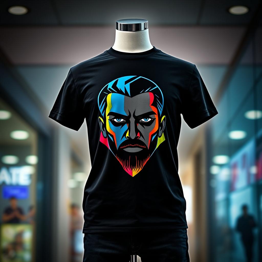 A stylish black t-shirt featuring a bold graphic print of a modern, abstract interpretation of Andrew Tate's face, with sharp lines and geometric shapes