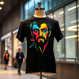 A stylish black t-shirt featuring a bold graphic print of a modern, abstract interpretation of Andrew Tate's face, with sharp lines and geometric shapes