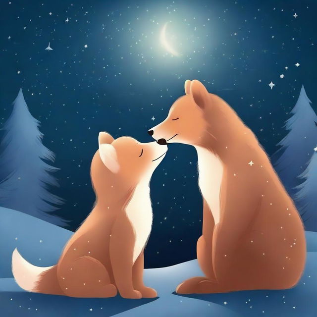 A high-quality digital art piece depicting a tender moment between a bear and a fox, sharing a gentle kiss under a starlit sky