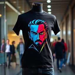 A stylish black t-shirt featuring a bold graphic print of a modern, abstract interpretation of Andrew Tate's face, with sharp lines and geometric shapes