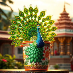A Tamil Murugan-inspired image featuring a vibrant and colorful peacock cooler design