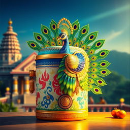 A Tamil Murugan-inspired image featuring a vibrant and colorful peacock cooler design