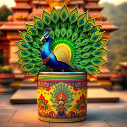 A Tamil Murugan-inspired image featuring a vibrant and colorful peacock cooler design